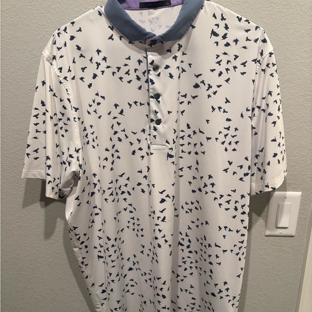 Greyson White and Navy Bird Pattern Polo Shirt